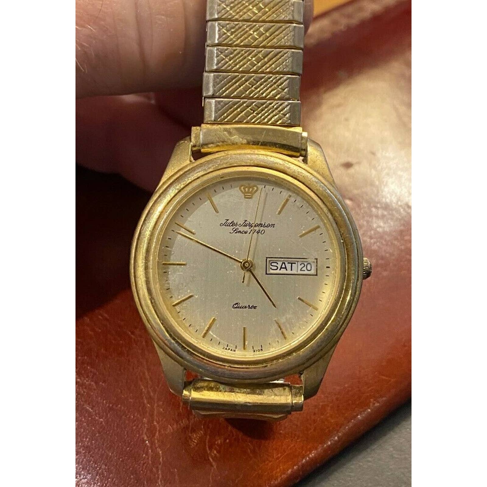 Vtg Men's 36mm Gold Tone Jules Jurgenson Watch, Day/Date, Expansion Band